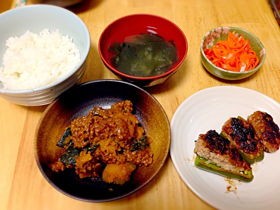 かぼちゃのそぼろ煮、ピーマンの肉詰め、にんじんの酢の物|rieさん