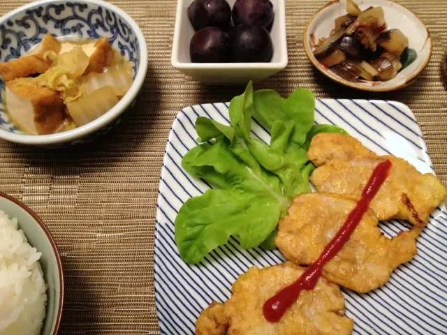 ポークピカタ 厚揚げと白菜の味噌煮  茄子とセロリのピリッと和え 巨峰|ikukoさん