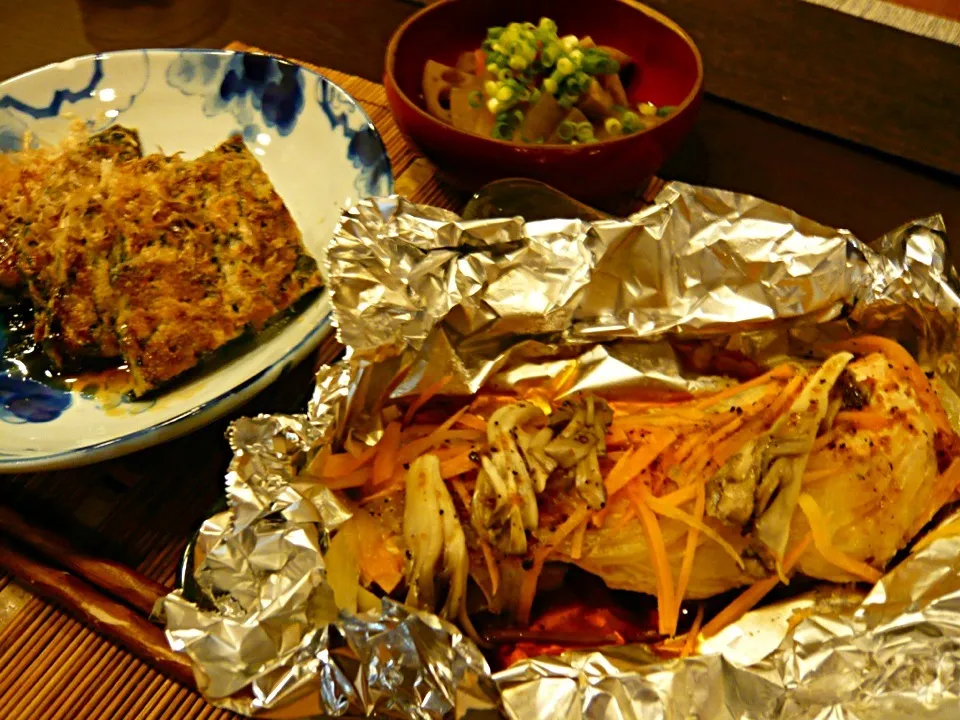 鮭のホイル焼き、長いもとモロヘイヤのお好み焼き、筑前煮|masakoさん