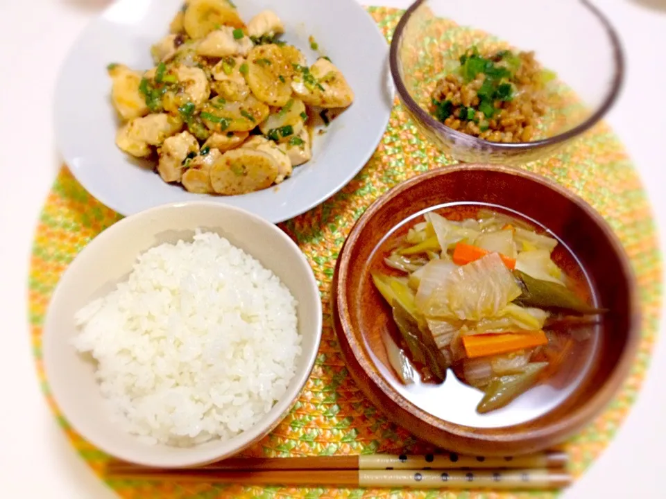 鶏肉と長いもの粒マスタード和え、白菜と長ネギの煮物、納豆♡|yuiさん