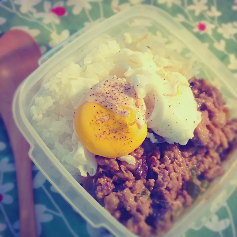 Snapdishの料理写真:目玉焼き失敗キーマカレー弁当|まなみさん