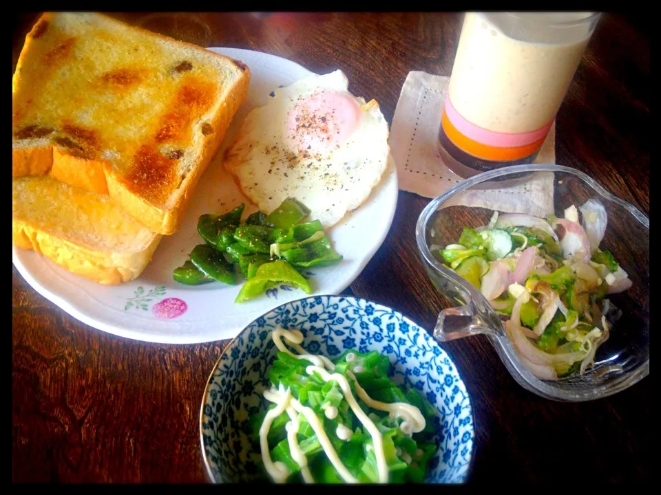 ゴーヤと胡瓜と赤玉ねぎとしらすと茗荷の酢の物とオクラとピーマンの炒めと目玉焼きとバナナとプルーンのスムージー|トキロックさん