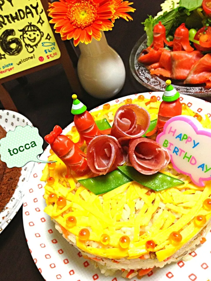 *はっぴぃ〜ば〜すでぃ         お寿司ケーキ🎂🍣✨(ෆ❛ั ु³❛ัʕ•̫͡•ིʔྀ|toccaさん