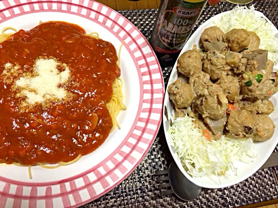 #夕飯 Level5肉団子、ミートソーススパゲティ、粉チーズ。|ms903さん