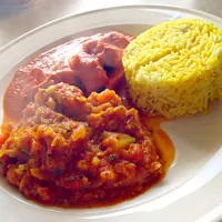 Snapdishの料理写真:Chicken Mahkani, tomato chickpea potato pumpkin almond curry, saffron rice