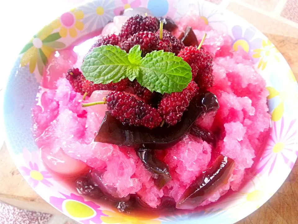 Red Icy mulberry with black jelly... น้ำแข็งใสใส่ลูกหม่อน มีเฉาก๊วยและลูกชิดด้วยนะ|ครัวอิอ้วน... Chubby Cookさん