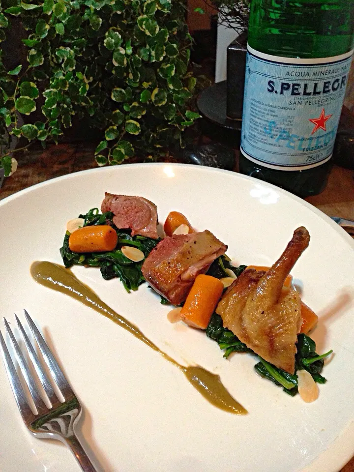 Quail,pumpkin gnocchi,spinach with caper raisin sauce|rick chanさん