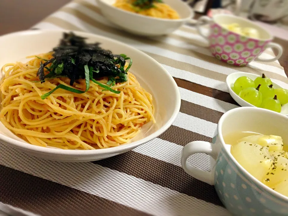 明太子パスタ  まるごとたまねぎスープ|ちさとさん