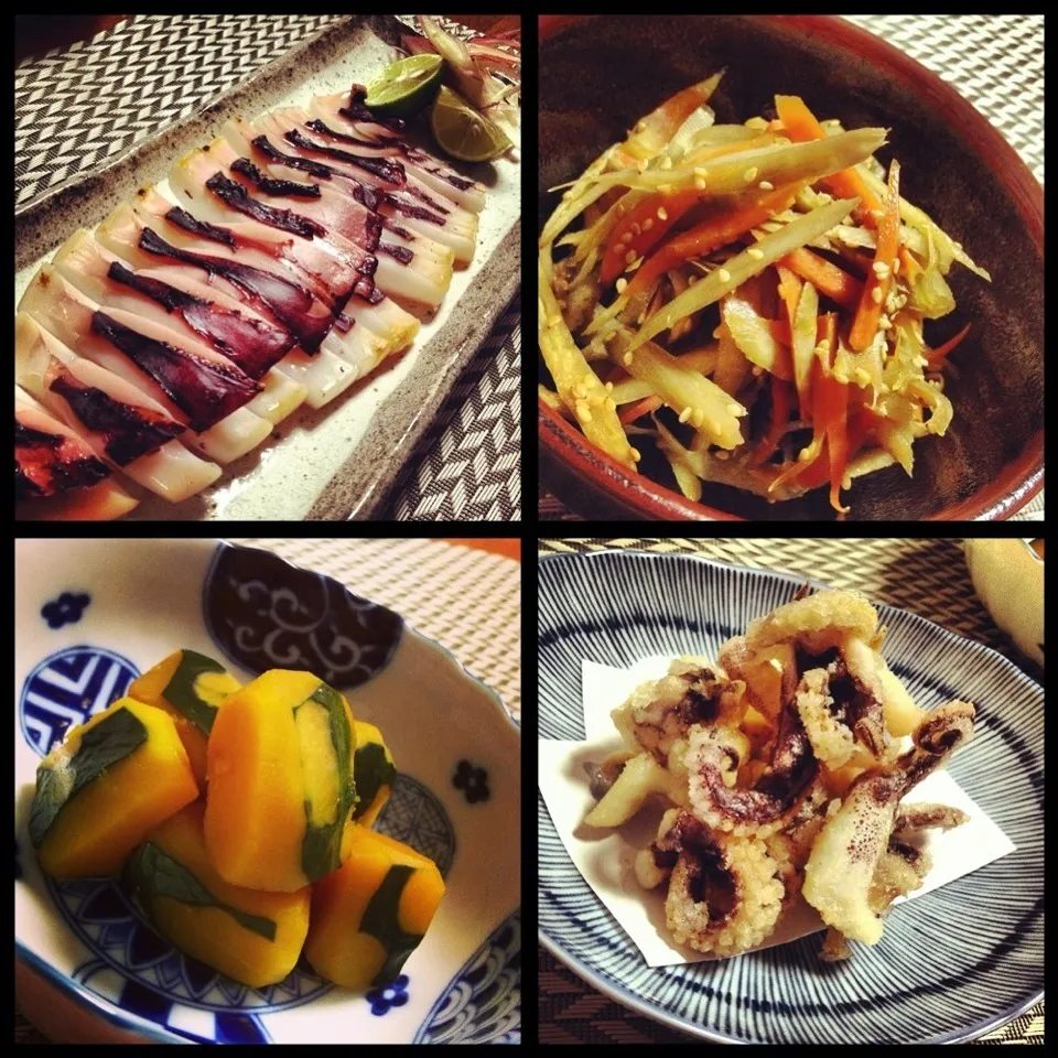 障泥烏賊いしる干など。Grilled bigfin reef squid, kimpira, boiled pumpkin and fried geso|まる(丸大豆)さん