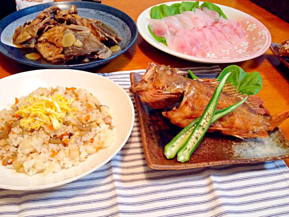 ガラカブの唐揚げと、混ぜご飯と、鯛のあら煮   鯛のお刺身|ハルさん