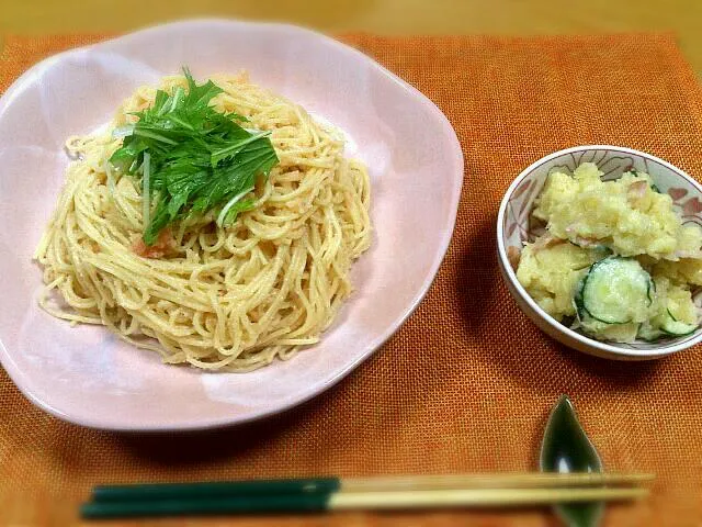 たらこパスタ、ポテトサラダ|おれおさん