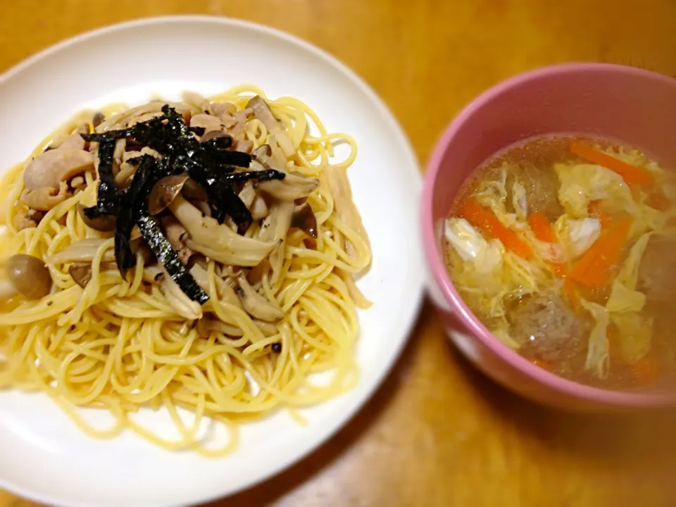 エリンギとしめじと鶏肉の和風パスタ、肉団子と玉子のスープ♪|yukaさん