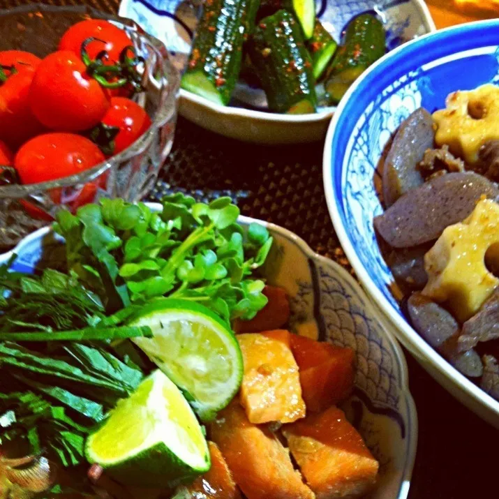 サーモン漬け…牛肉  ちくわ麩  蒟蒻煮…ミニトマト…胡瓜のピリ辛漬け|tayukoさん