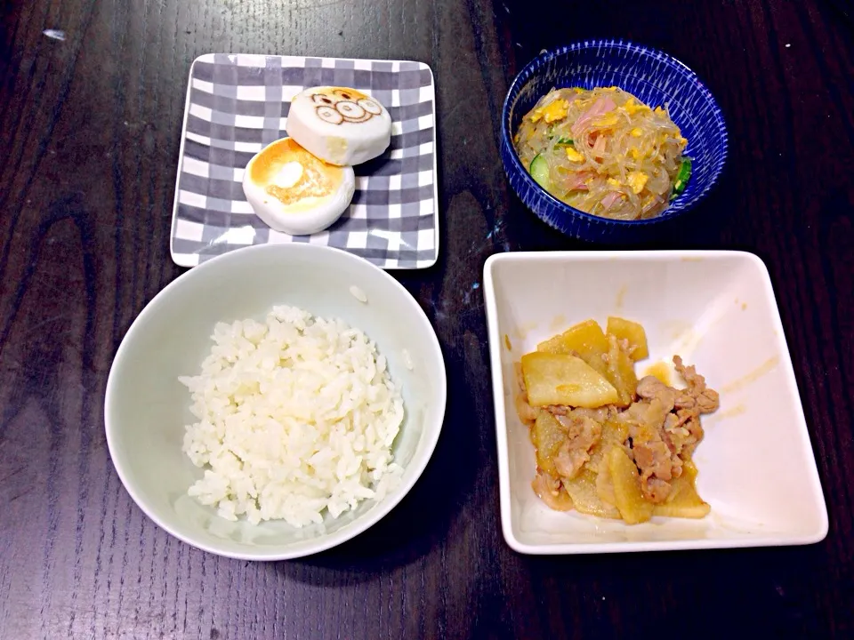 豚肉と長芋の炒め物   春雨サラダ  弁当の残りのハンペン|ずんこさん