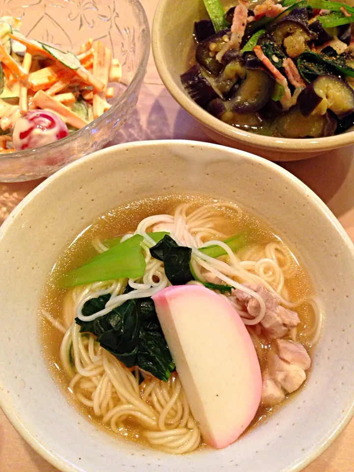 アゴ出汁の温麺☆とナスのおひたしと明太子マヨのサラダ☆|涼さん