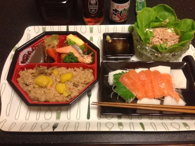 栗キノコ弁当、サーモンのお刺身、ツナ奴サラダ！ू(๑ ›◡ु‹ ๑ ू)✨|サソリさん