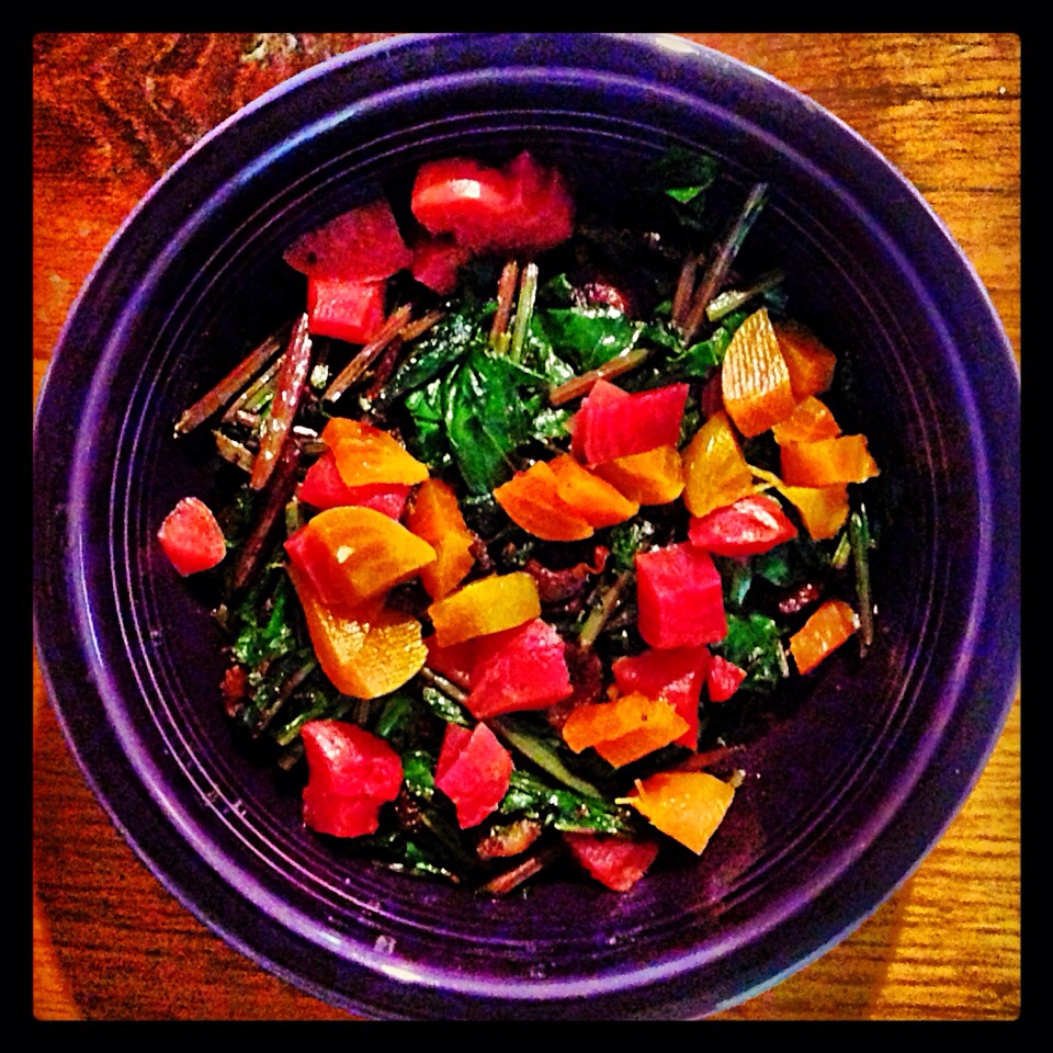 Beet greens with peppered bacon and cold roasted beets/Ursula