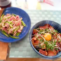 Snapdishの料理写真:海鮮丼＼(^o^)／アスパラ炒め＼(^o^)／|かすみさん