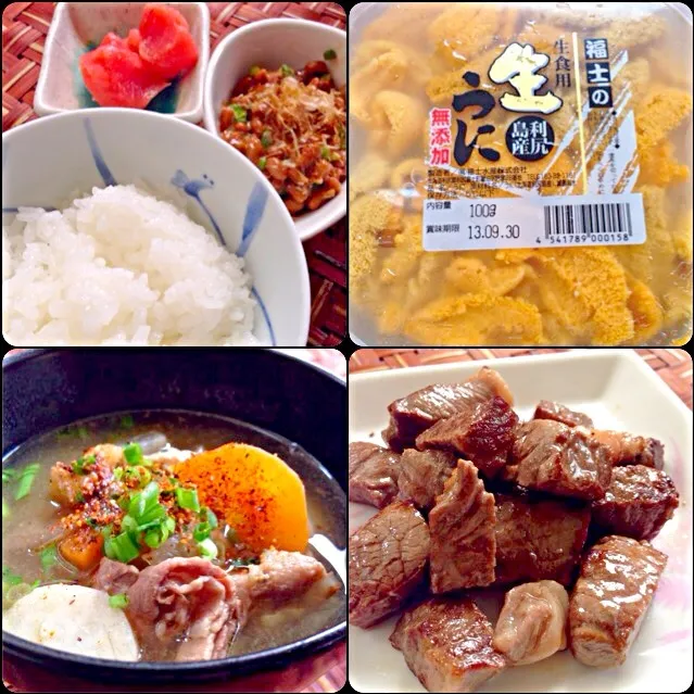 Snapdishの料理写真:Today's Dinner🍴豚汁,国産黒毛和牛ステーキ、生うに😍|🌈Ami🍻さん