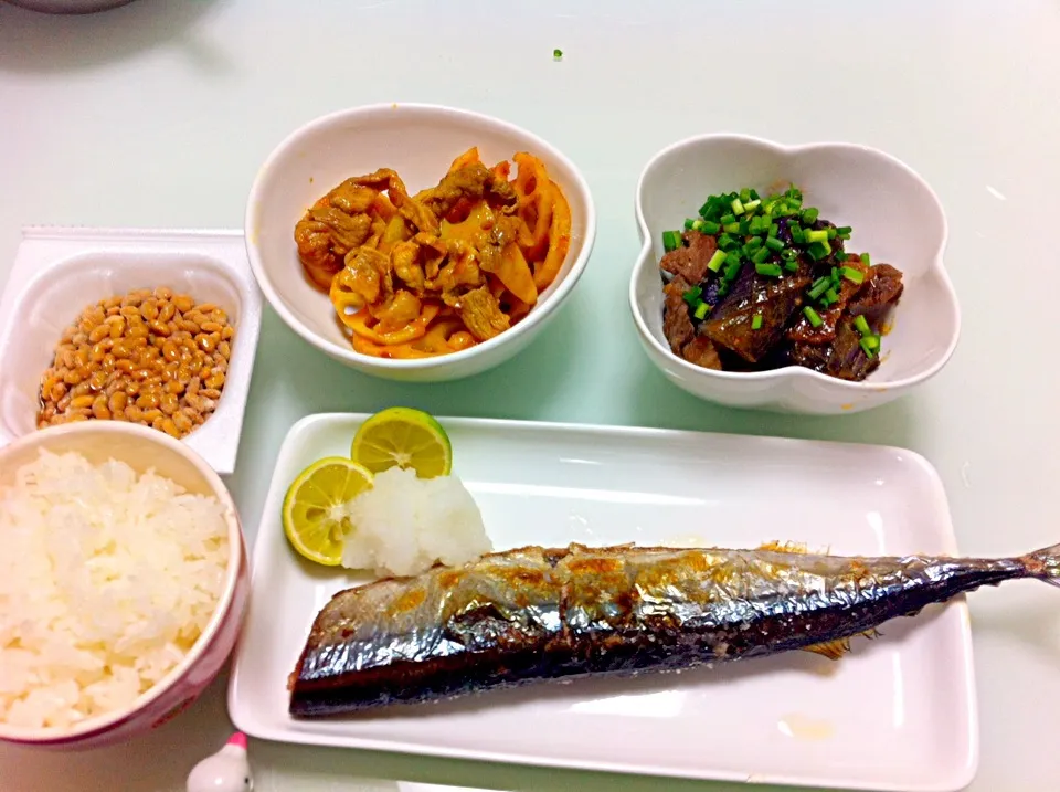 秋刀魚と牛肉と茄子の煮物と蓮根カレー炒め|htさん