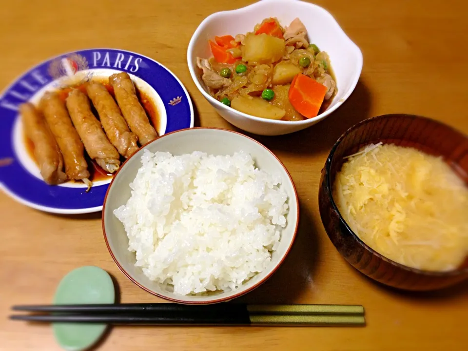 肉じゃが＆照り焼きのもやしの肉巻き＆えのきと卵の味噌汁|aichaaan。さん