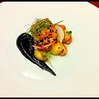 Salmon, Scallop and squid ink puree