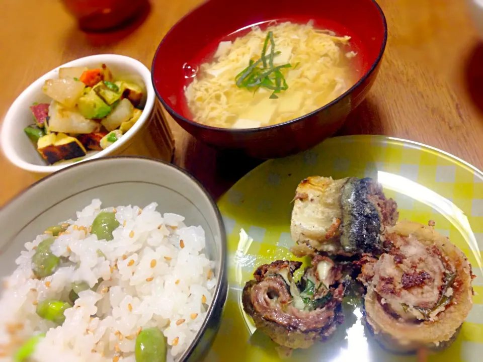 枝豆ごはん、サンマのしそ揚げ、ホットサラダ、かき玉汁|rieさん