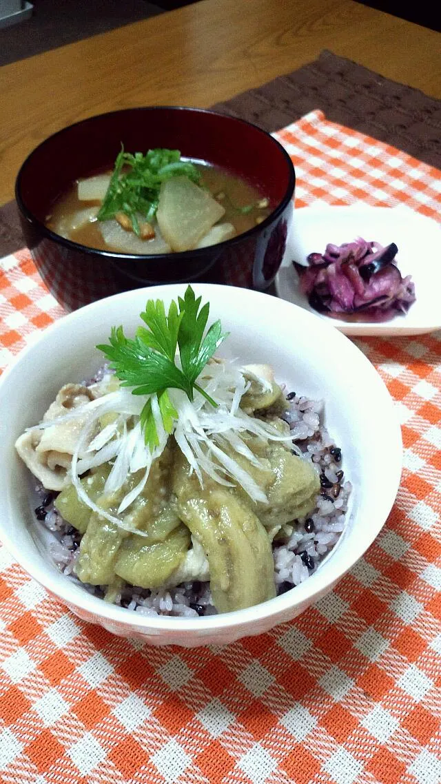 茄子炒めを丼にでお昼♪|うめぽんさん