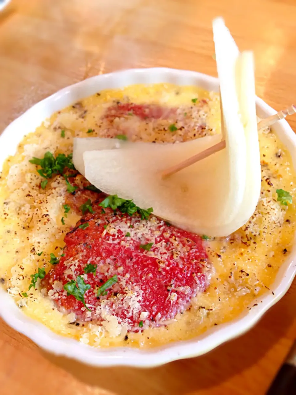 Crème brulee au jambon sec et tomates confites et poires|andrewさん