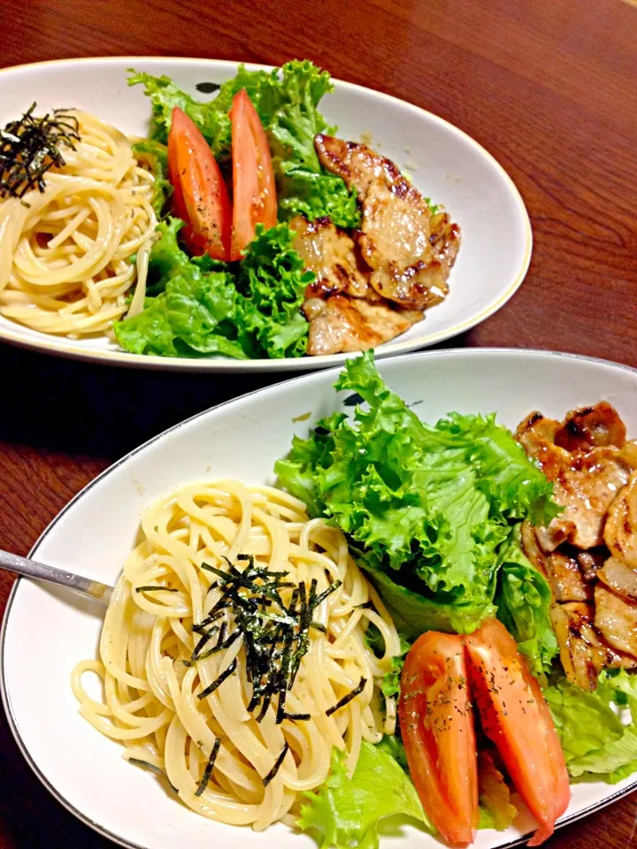 ツナ醤油マヨパスタと生姜焼き|まみるくさん