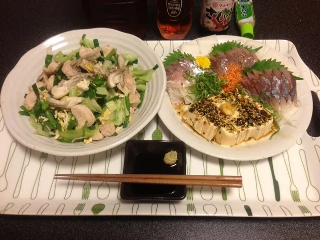 鶏胸肉と舞茸の野菜炒め、鯵のお刺身、冷奴！ू(๑ ›◡ु‹ ๑ ू)✨|サソリさん