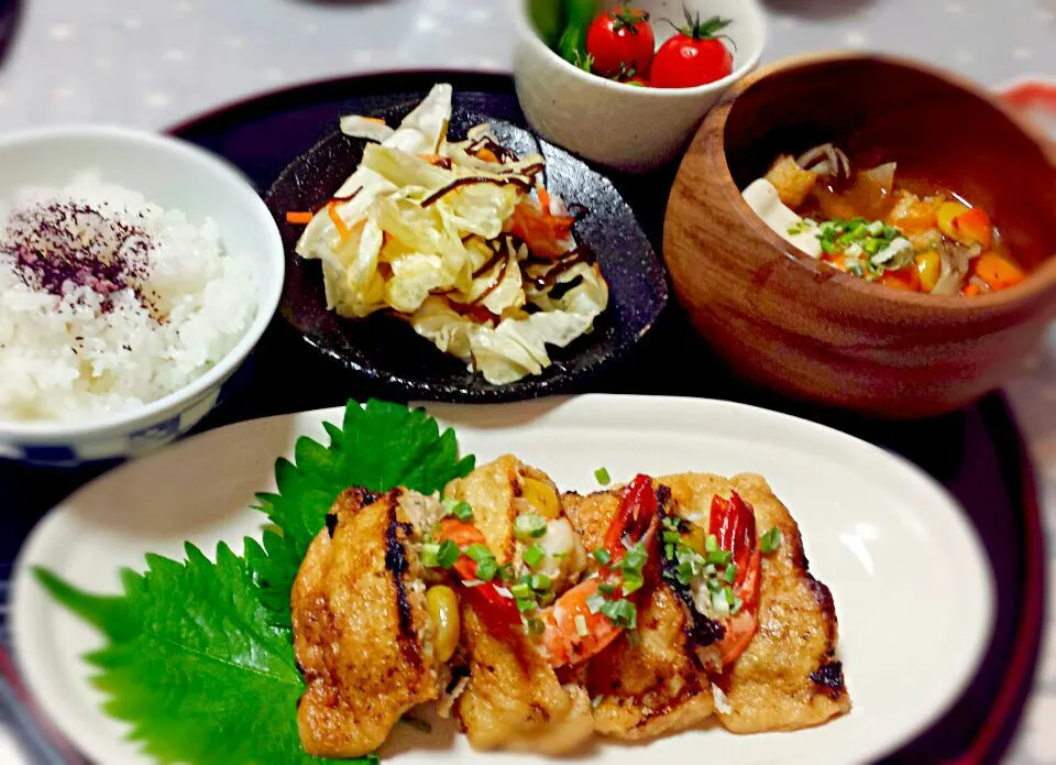 鶏ひき肉と海老の油揚げはさみ焼き|かおりさん