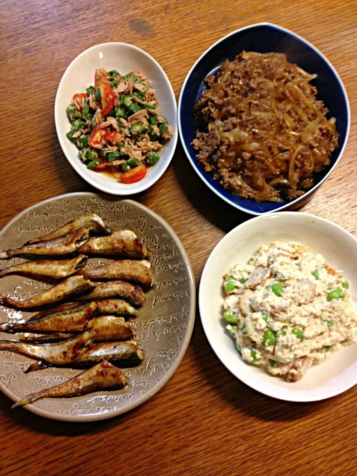 ★ひき肉と春雨のピリ辛炒め★はたはたのバター焼き★枝豆の白和え★ツナおくら|三宅 里美さん