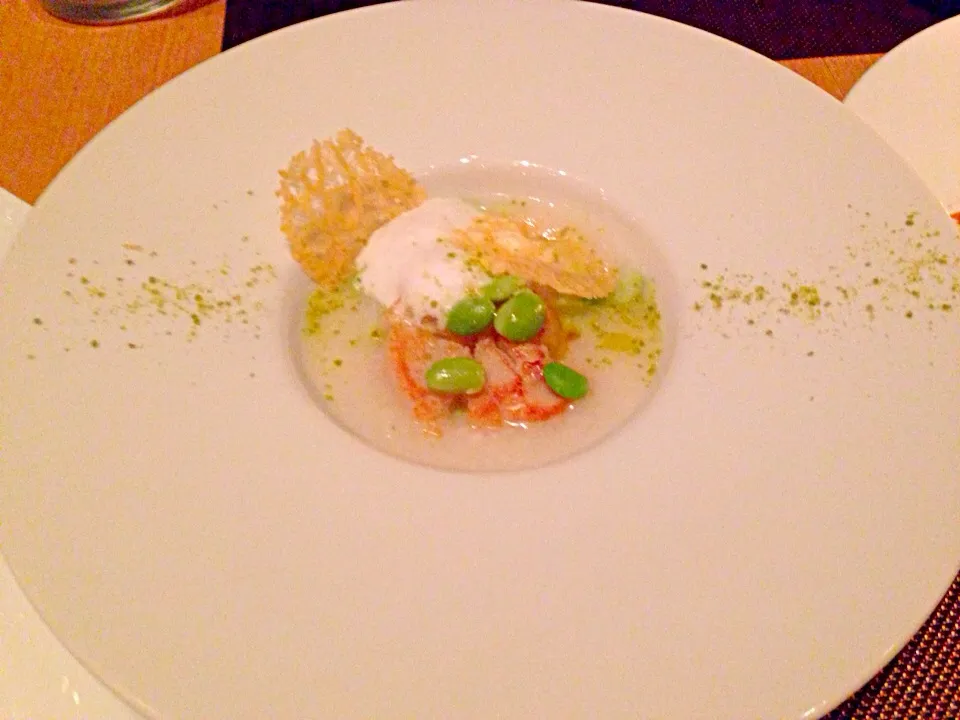 One side only pan seared sea scallop, cremá of green soy beans and new rice|Sergey Grisさん