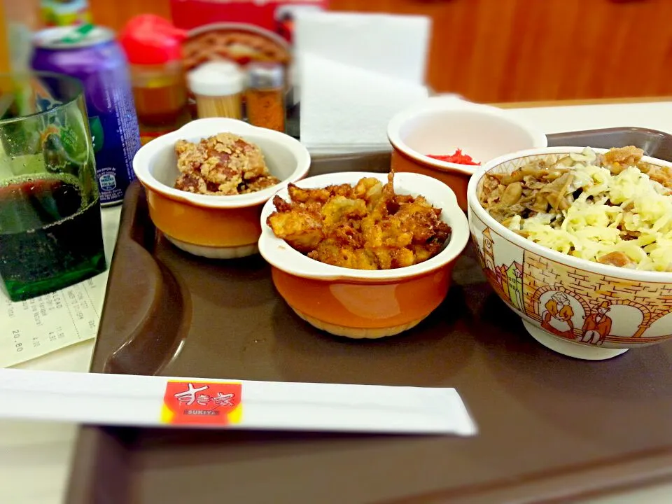 Snapdishの料理写真:gyudon, karaage and tempura at Sukiya|Sweetie Birdさん