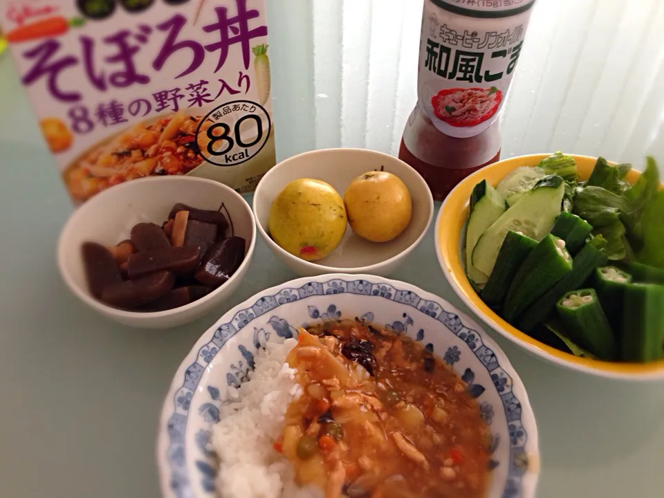 そぼろ丼(ごはん100g)・こんにゃくとエリンギのピリ辛炒め・サラダ・グアバ|こころさん