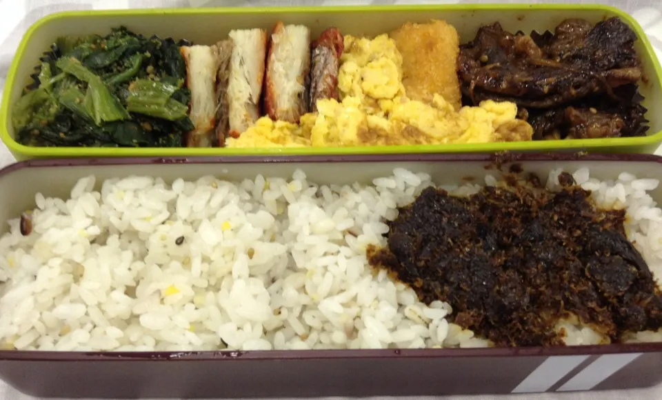 Snapdishの料理写真:弁当（カルビ焼肉、白身魚フライ、玉子焼き、鰆みりん干し、ほうれん草ゴマ和え、鰹昆布）|SasaMasa213さん