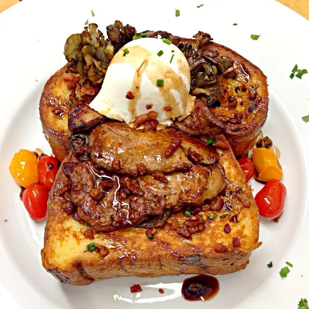 Snapdishの料理写真:Savory Brioche Toast with Foie Gras, Poached Egg, Sour Cherry Reduction|zikazakaさん