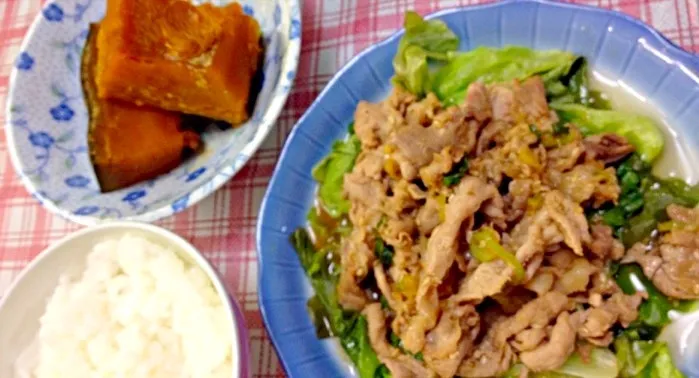 豚肉の香味だれ、かぼちゃの煮もの、ごはん|ゆりさん