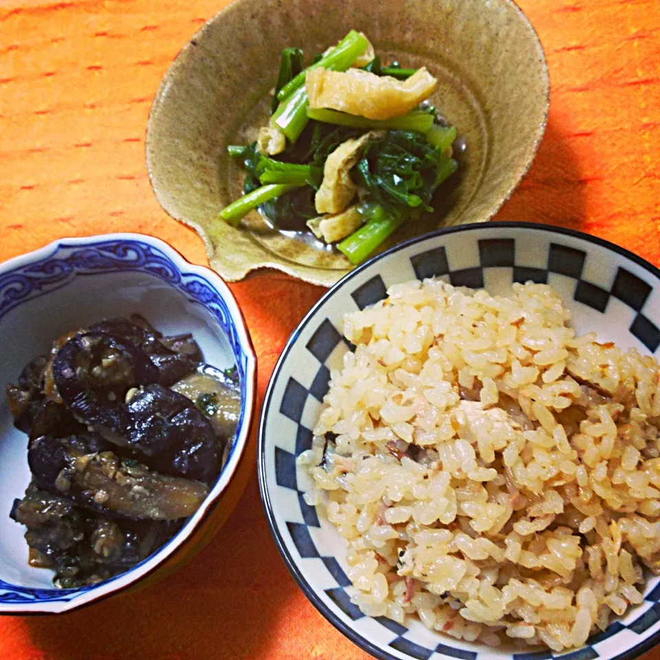 秋刀魚ごはん,茄子の油味噌,小松菜の煮物|りーぴんさん