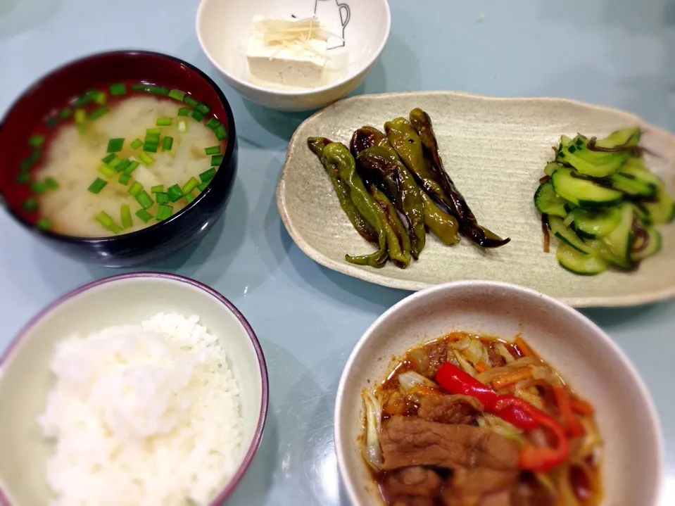 味付きラム肉の野菜炒め🍄シシトウの焼き浸し🍄キュウリの塩昆布和え🍄冷奴🍄大根とシメジとニラの味噌汁🍄ご飯100g|こころさん