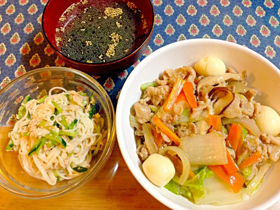 中華丼、ツナとキュウリのそうめんサラダ、ワカメスープ|yukoさん