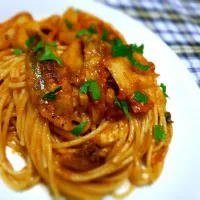 揚げサンマとレンコン トマトソースパスタ|ezoisoさん