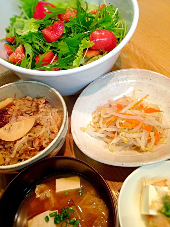 メインはサラダ。サバ缶の炊き込み御飯とナムルでヘルシー晩ごはん|ねっちさん