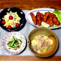 Snapdishの料理写真:マカロニサラダ・ヒレカツ・Keikoさんの料理 東マルのうどんスープの素で🎵・エリンギとオクラの焼き浸し