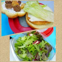 Snapdishの料理写真:Chicken patty sandwich croutons, mayo, cheese, lettuce. Spring leaf salad.|Jorelさん