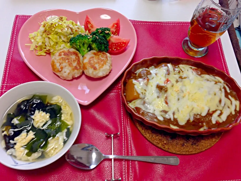 Snapdishの料理写真:カレードリア＆はんぺんとツナのハンバーグ＆卵とワカメのスープ|sho...✡*゜さん