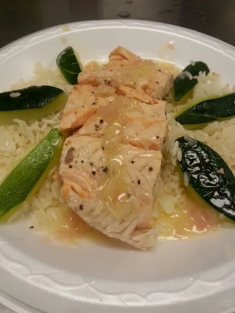 Poached Salmon w/ Rice Pilafe and  Zucchini Tourne in a Burre Blanc sauce|Tjay Princeさん