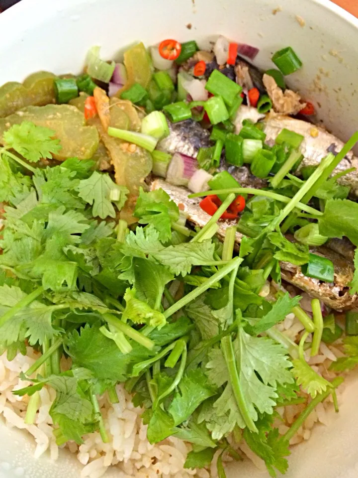 Snapdishの料理写真:Bento work lunch - sardines in olive oil and peppercorn amped up with spring onions chilli padi lime and coriander, and bittergourd in salted soybean sauce|Ong Sor Fernさん