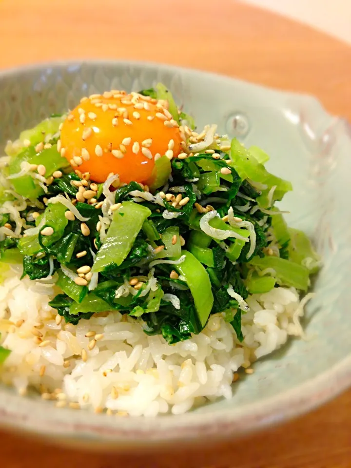 Snapdishの料理写真:青菜おじゃこ胡麻油炒め丼＋卵黄|ユキさん